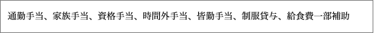 通勤⼿当、家族手当、資格手当、時間外⼿当、皆勤手当、制服貸与、給食費一部補助